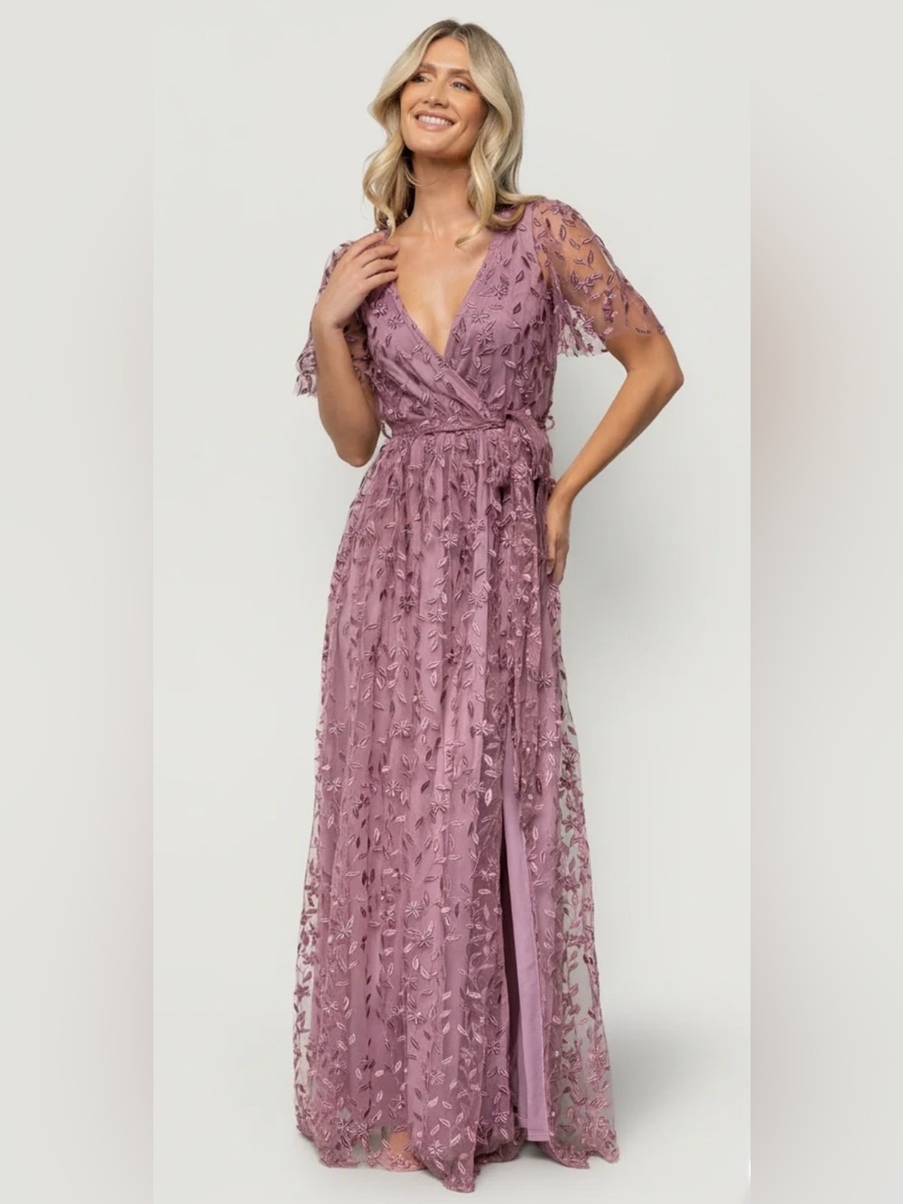 Mauve Lace Embroidered V-Neck Maxi Dress